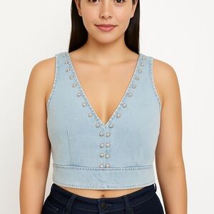 NWT House of Harlow Denim Studded Cropped Top (8)